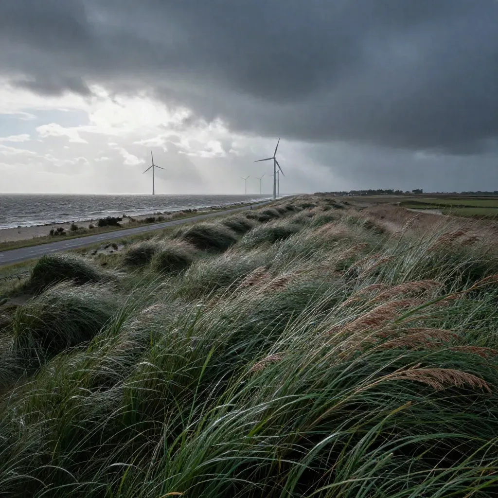 Dijkgras en windmolens langs de Noord-Hollandse kust onder donkere wolken.