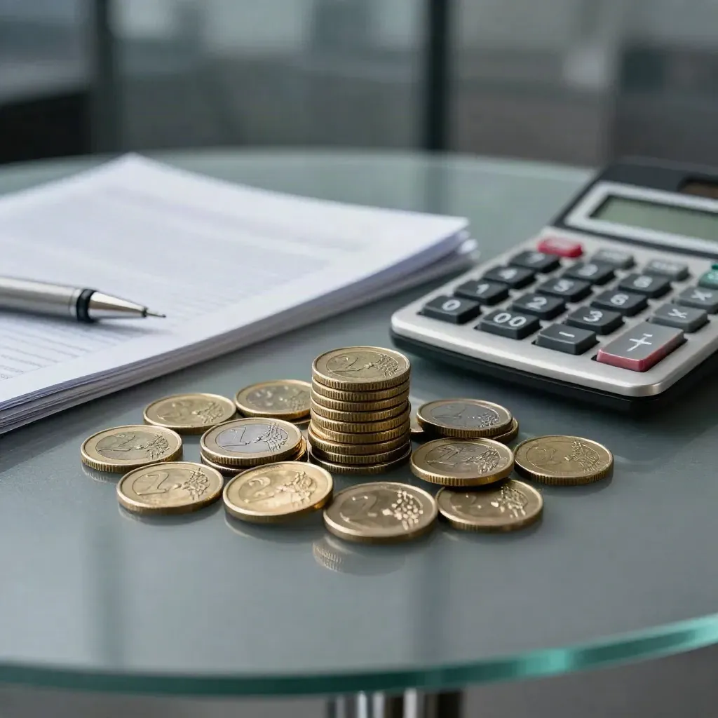 Muntenstapel, rekenmachine en marktnotitie op een glazen tafel in een financiële setting.