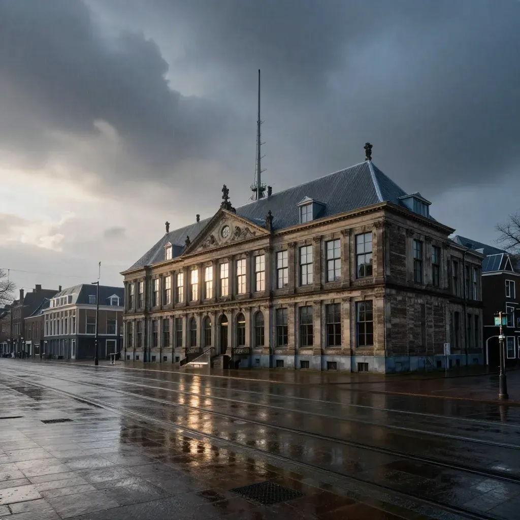 Binnenhof met tramrails en stormlucht bij zonsopkomst, nat en dramatisch