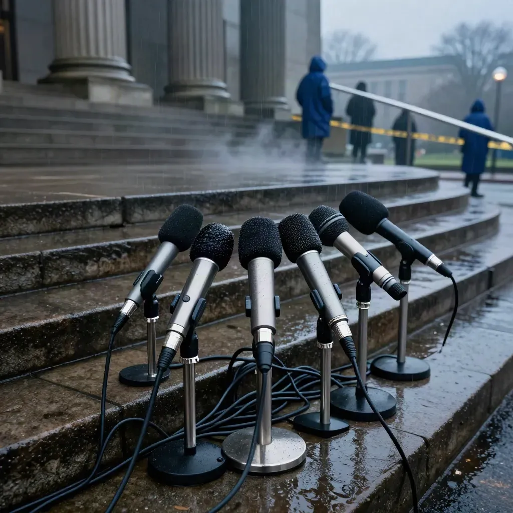 Microfoons op de trappen van een rechtbank in de regen, met natte stenen, mist en afzetlint op de achtergrond.