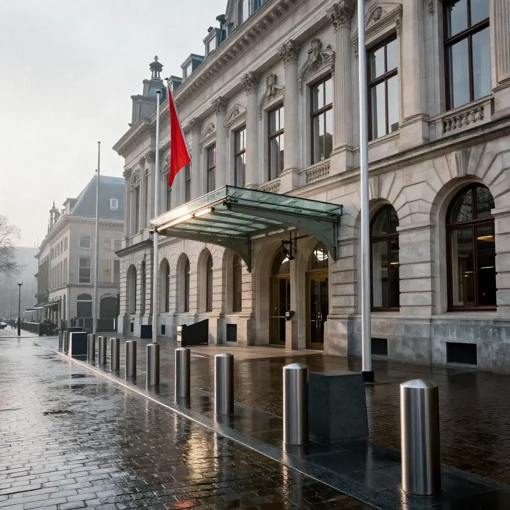 Nat regeringsdistrict in Den Haag met vlaggen, glazen entree en glanzende keien in de wind.
