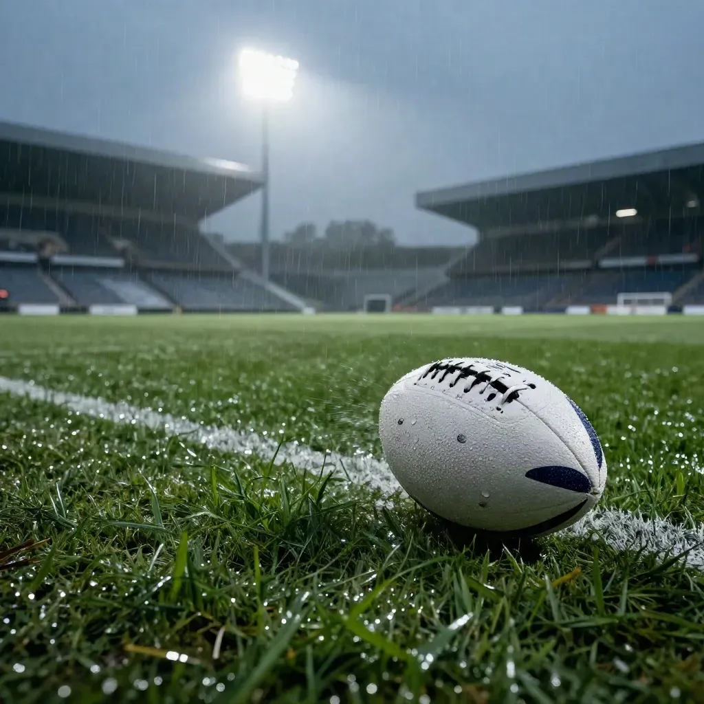 Voetbal stuitert langs de zijlijn op nat gras, met opspattend water en stadionlicht.
