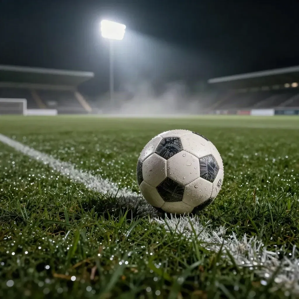 Stadionrand met een stille bal, natte boarding en mistig schijnsel boven het gras.