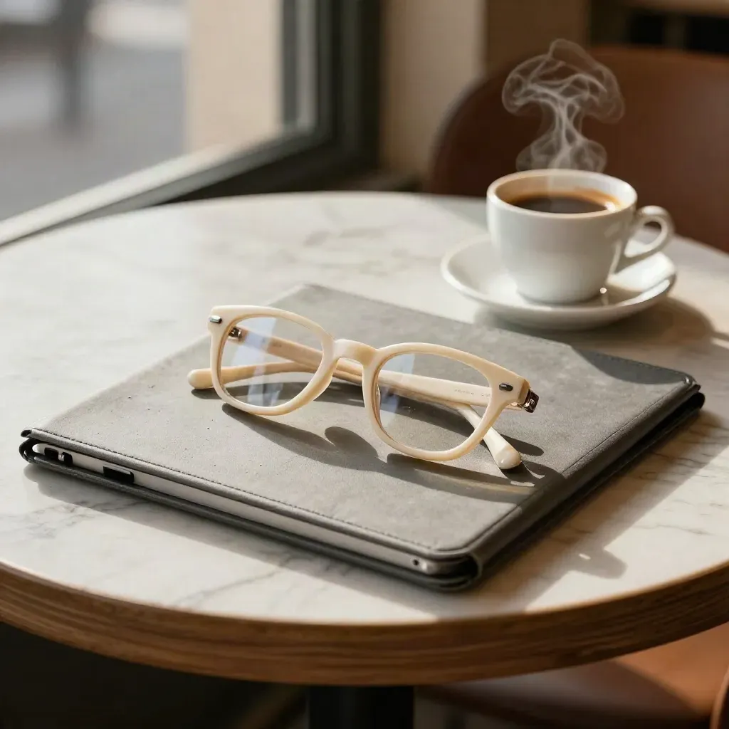 Espressokop, leesbril en tablet op marmeren cafétafel bij warm raamlicht.